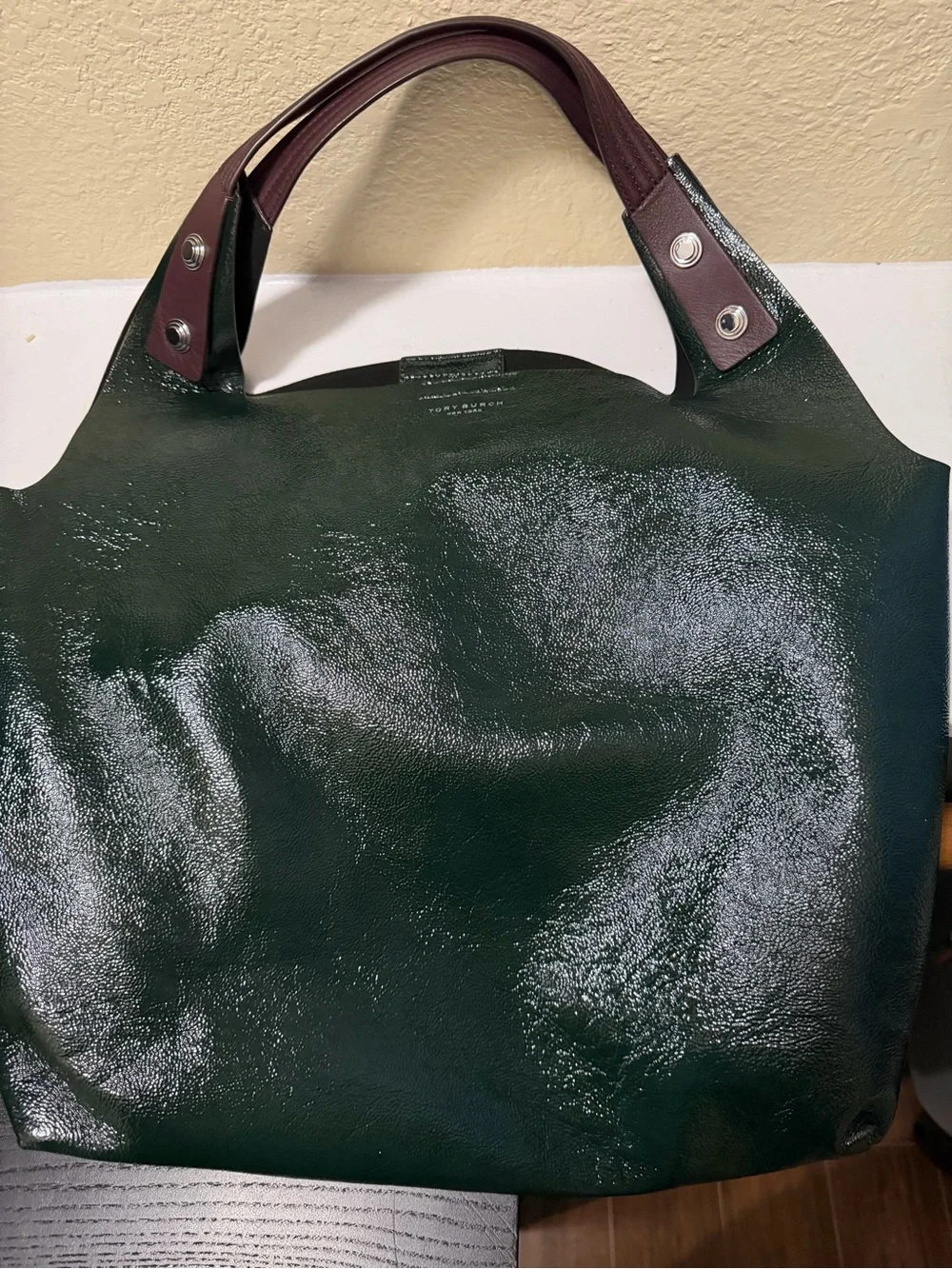 Tory Burch Dark Green Tote with Burgundy Handles - Picture 2 of 8
